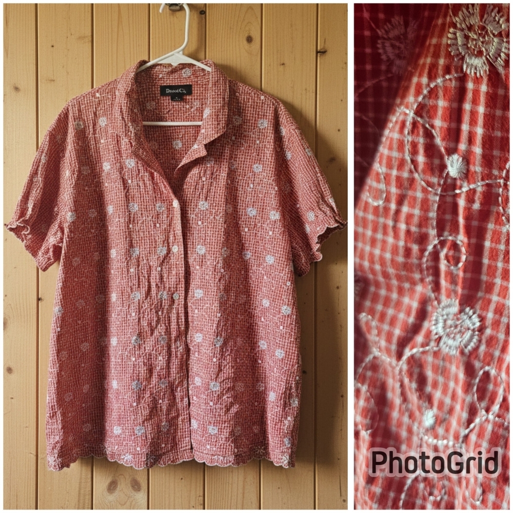 Denim & Co Embroidered Gingham Button Up Top Red White 1X